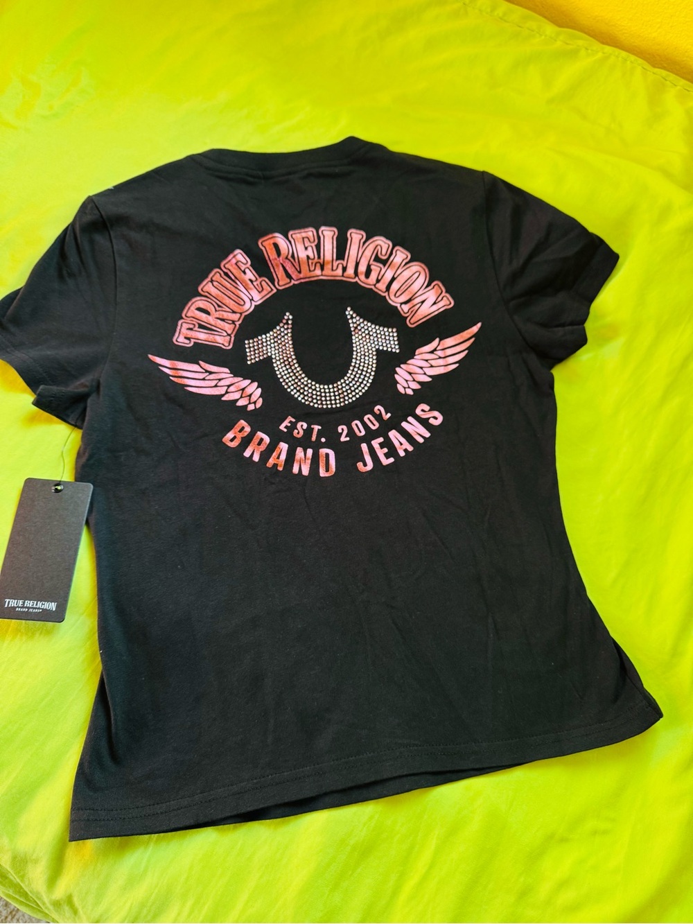 True Religion Black Tee with Pink Metallic Logo